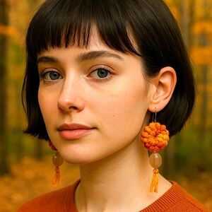 Handmade Artisan Crochet Earrings Upcycled Orange Thread with Rustic Beads boho